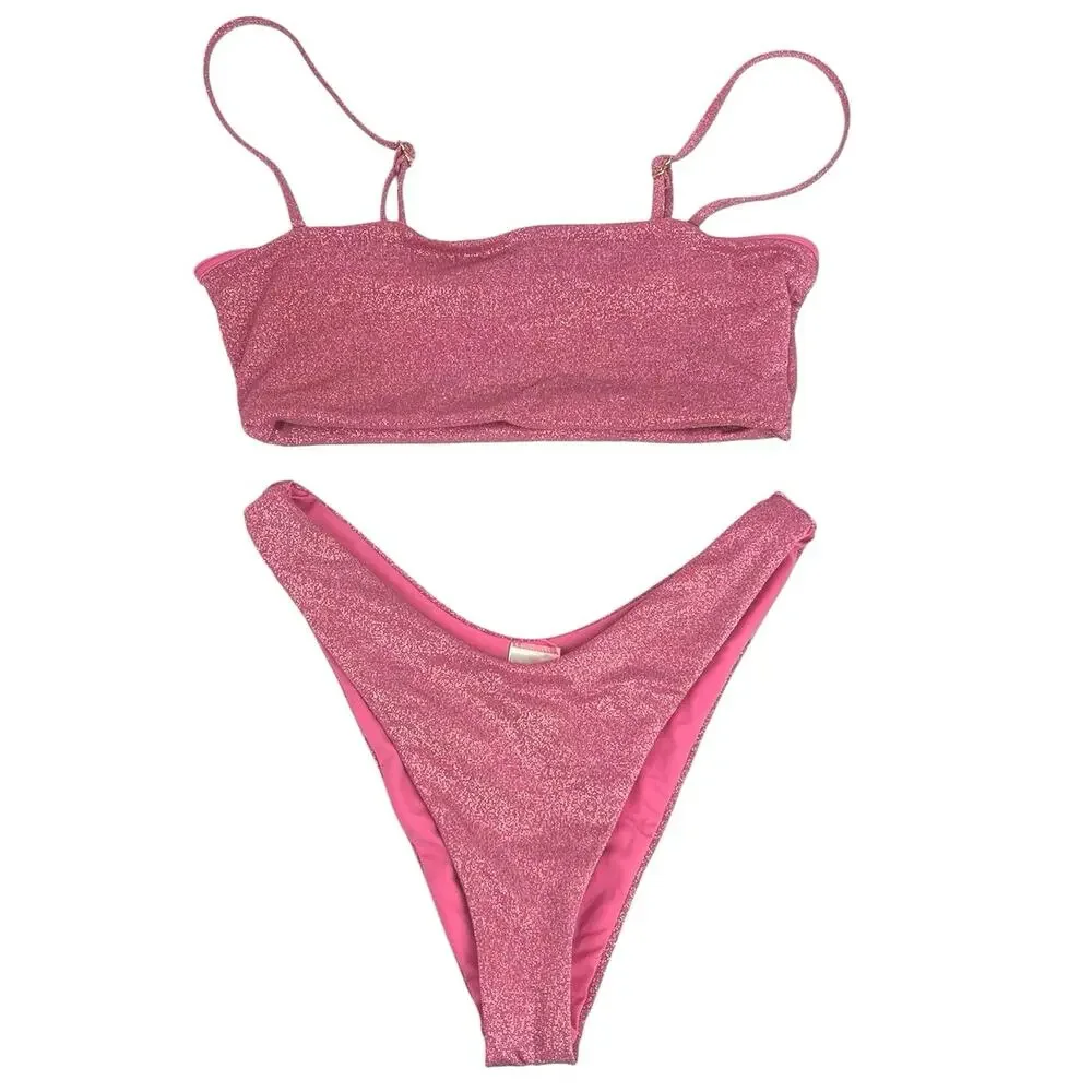 L SPACE Pink Glitter Metallic Adjustable Top Bottom Swimwear Bikini Set Size S